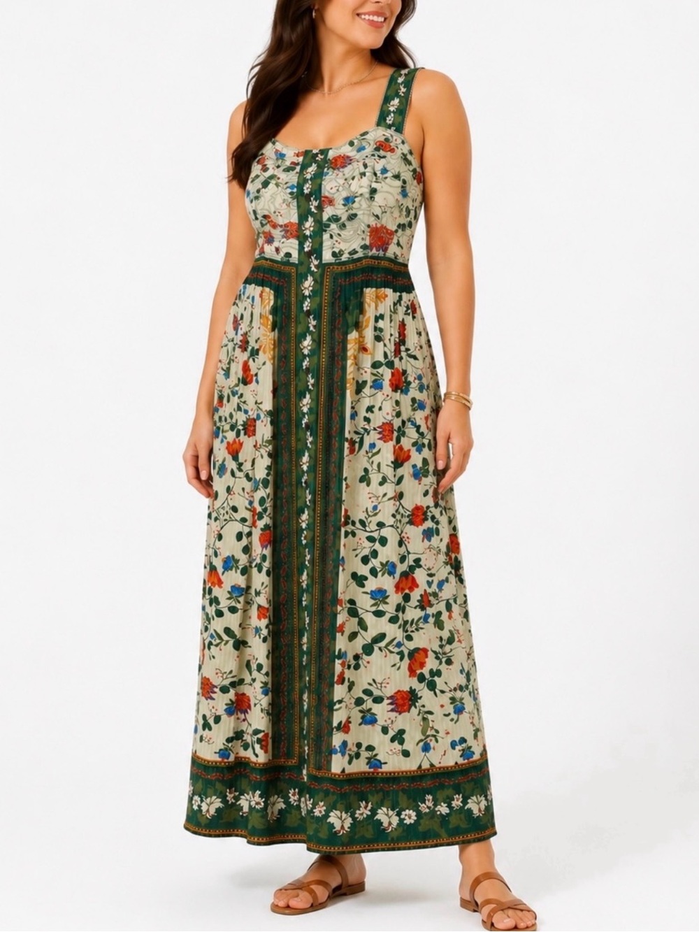 NWT ✧💚Caroline Constas 💚✧ Green Floral Midi Dress Linen Small